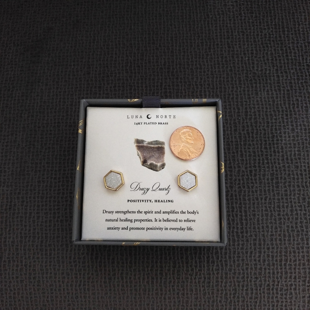 Luna🌙 Norte White Druzy Quartz Hexagon Earrings - Picture 4 of 13